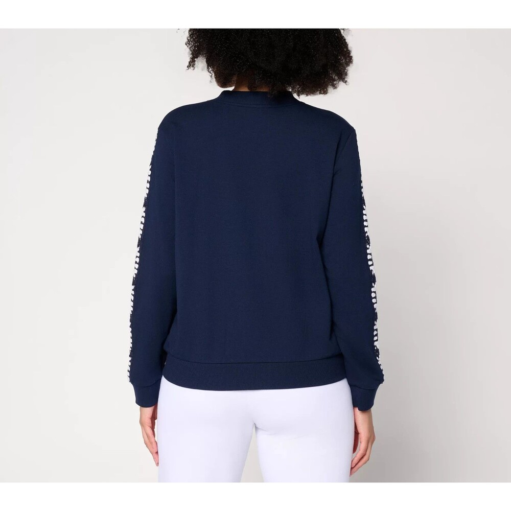 Susan Graver Weekend French Terry Zip-Front Jacket Crochet Detail Navy/White L - Picture 4 of 6